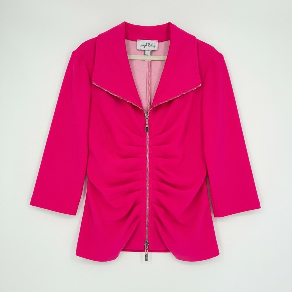 NWT Joseph Ribkoff Sample Jacket Neon Pink Ruched Zip Front Stretch Canada 10